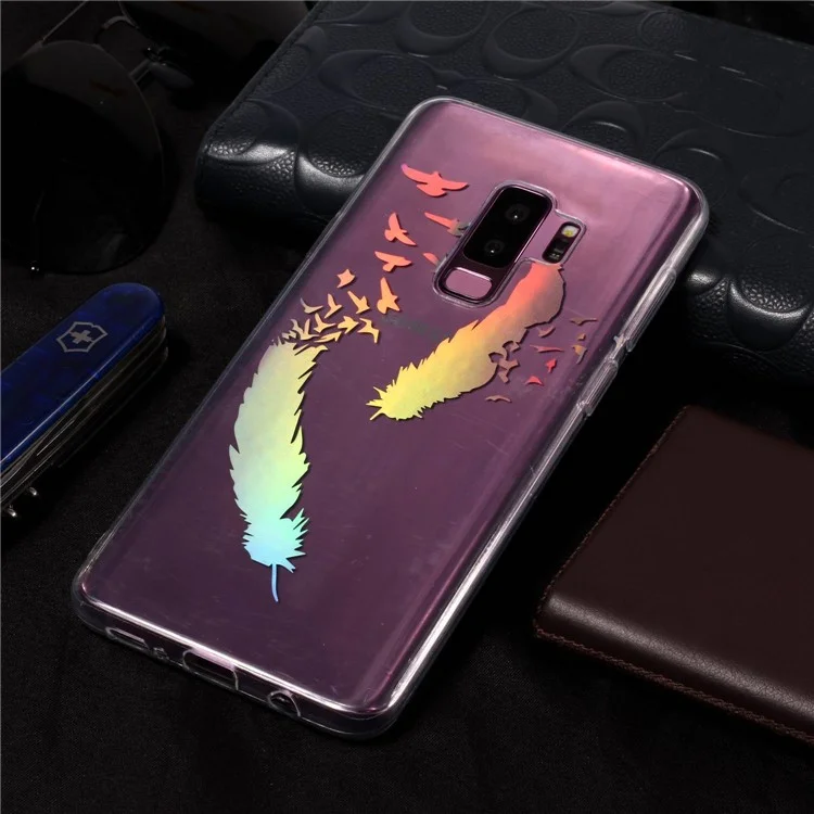 Colorful Laser Carving Patterned TPU Phone Case for Samsung Galaxy S9 Plus SM-G965 - Two Feathers