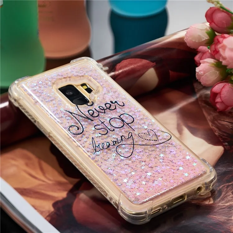 Patterned Liquid Glitter Powder Quicksand Shockproof TPU Back Cellphone Accessory Shell for Samsung Galaxy S9 SM-G960 - Never Stop Dreaming
