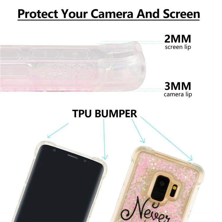 Patterned Liquid Glitter Powder Quicksand Shockproof TPU Back Cellphone Accessory Shell for Samsung Galaxy S9 SM-G960 - Never Stop Dreaming