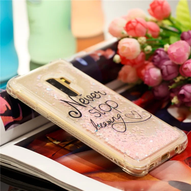 Patterned Liquid Glitter Powder Quicksand Shockproof TPU Back Case for Samsung Galaxy S9 Plus SM-G965 - Never Stop Dreaming
