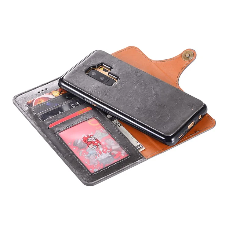 Crazy Horse PU Leather Wallet Cover + Detachable Leather Coated TPU Case for Samsung Galaxy S9+ SM-G965 - Black