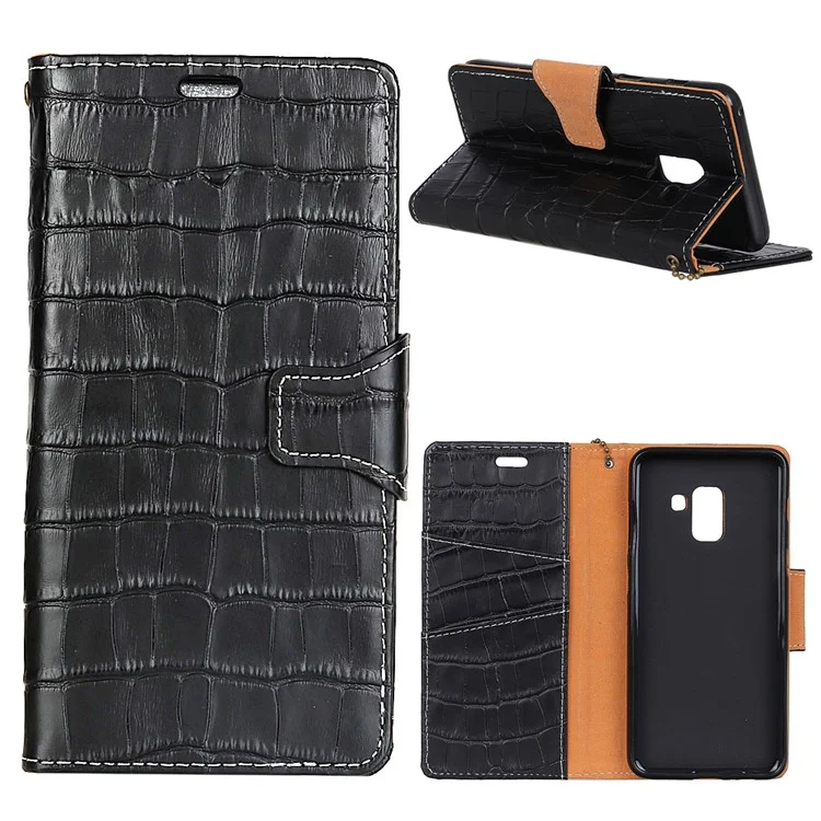 For Samsung Galaxy A6 Plus (2018) / A9 Star Lite Crocodile Texture Genuine Leather Wallet Case Accessory - Black