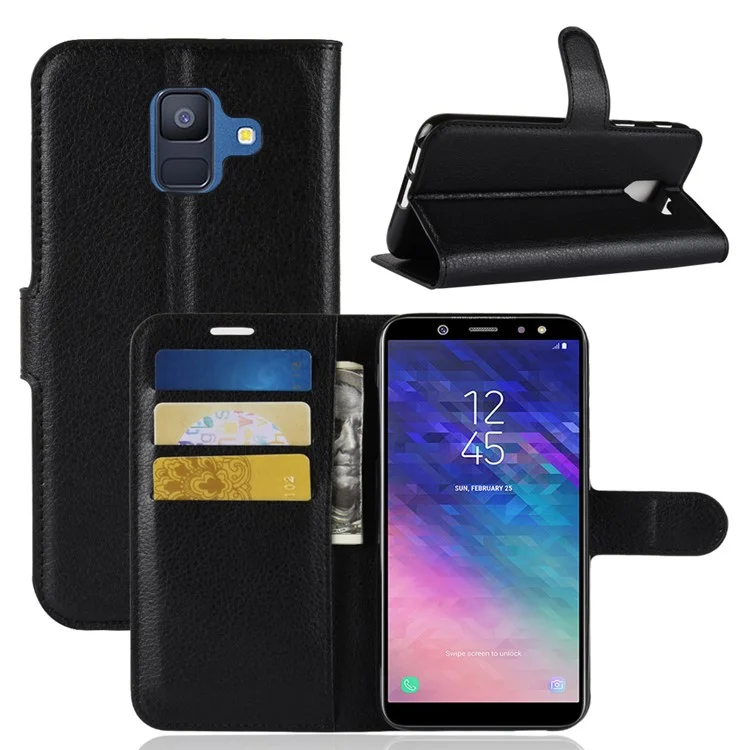 Litchi Skin Leather Wallet Case Phone Shell for Samsung Galaxy A6 (2018) Adjustable Stand Design Phone Accessory - Black