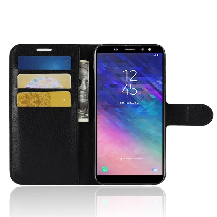 Litchi Skin Leather Wallet Case Phone Shell for Samsung Galaxy A6 (2018) Adjustable Stand Design Phone Accessory - Black