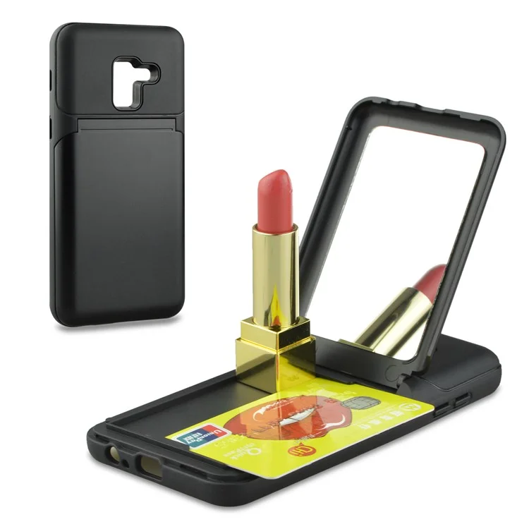 ANGIBABE Shockproof Heavy Duty PC + TPU Hybrid Card Holder Back Case with Kickstand Mirror for Samsung Galaxy A8 (2018) - Black