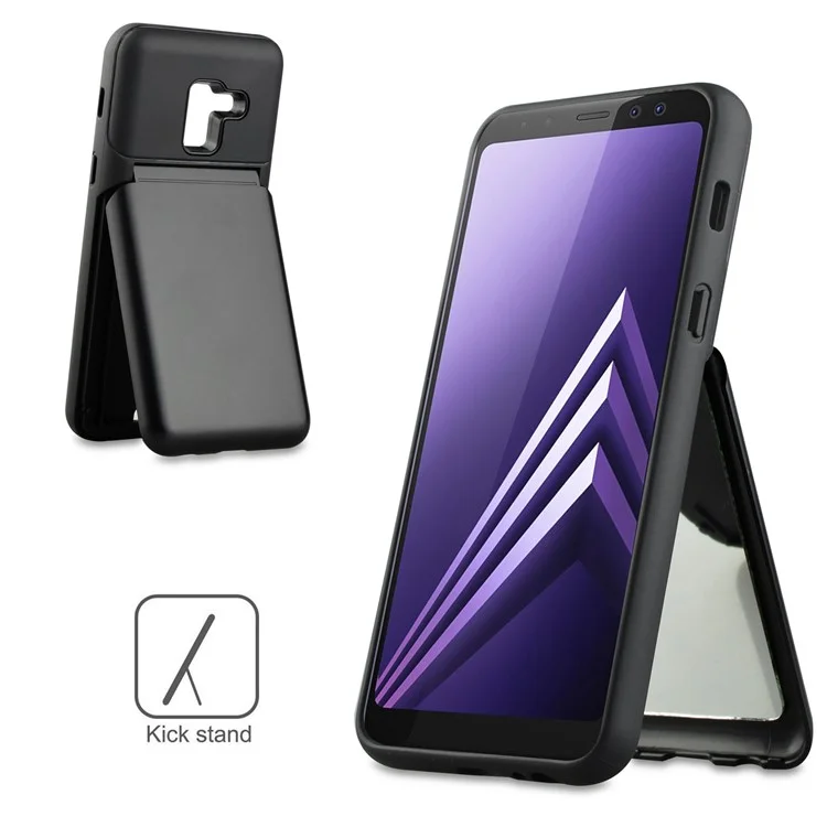 ANGIBABE Shockproof Heavy Duty PC + TPU Hybrid Card Holder Back Case with Kickstand Mirror for Samsung Galaxy A8 (2018) - Black