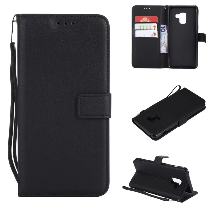 Wallet Stand Magnetic Leather Flip Protective Case with Strap for Samsung Galaxy A8+ (2018) - Black