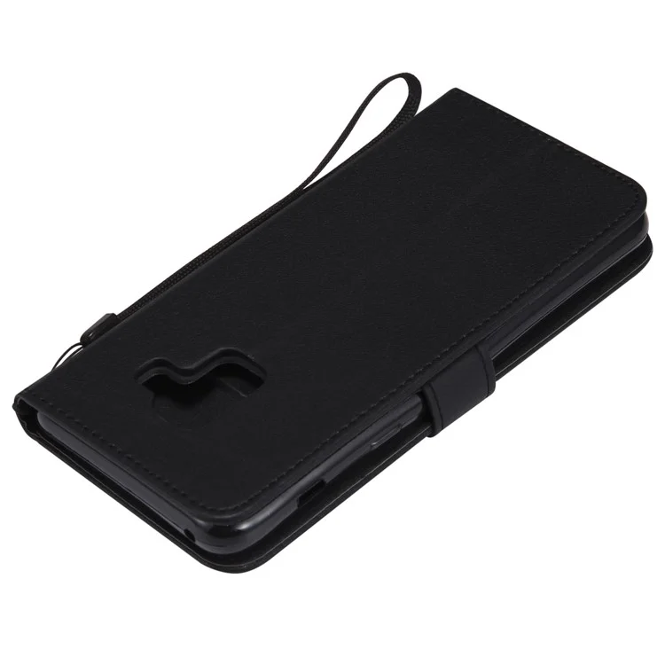 Wallet Stand Magnetic Leather Flip Protective Case with Strap for Samsung Galaxy A8+ (2018) - Black