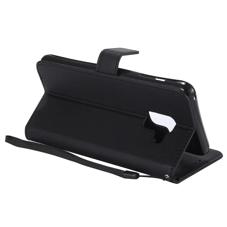 Wallet Stand Magnetic Leather Flip Protective Case with Strap for Samsung Galaxy A8+ (2018) - Black