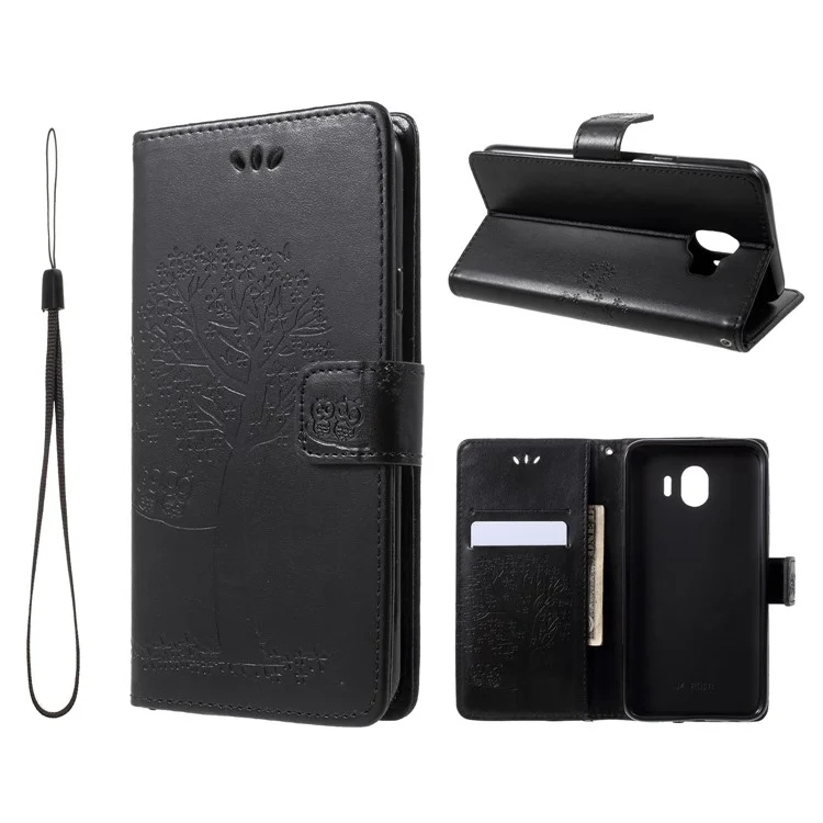 Imprint Tree Owl Pattern Card Holder Leather Cell Phone Cover for Samsung Galaxy J4 (2018) - Black