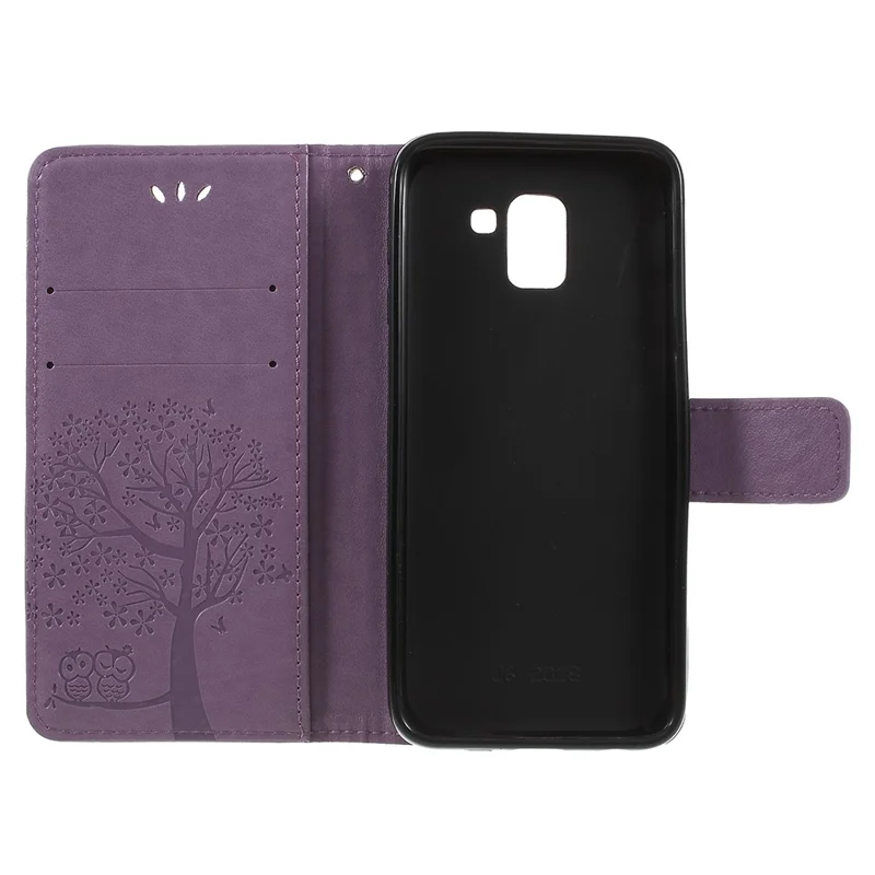 Imprint Tree Owl Wallet PU Leather Case Protector til Samsung Galaxy J6 (2018) - Lyserød