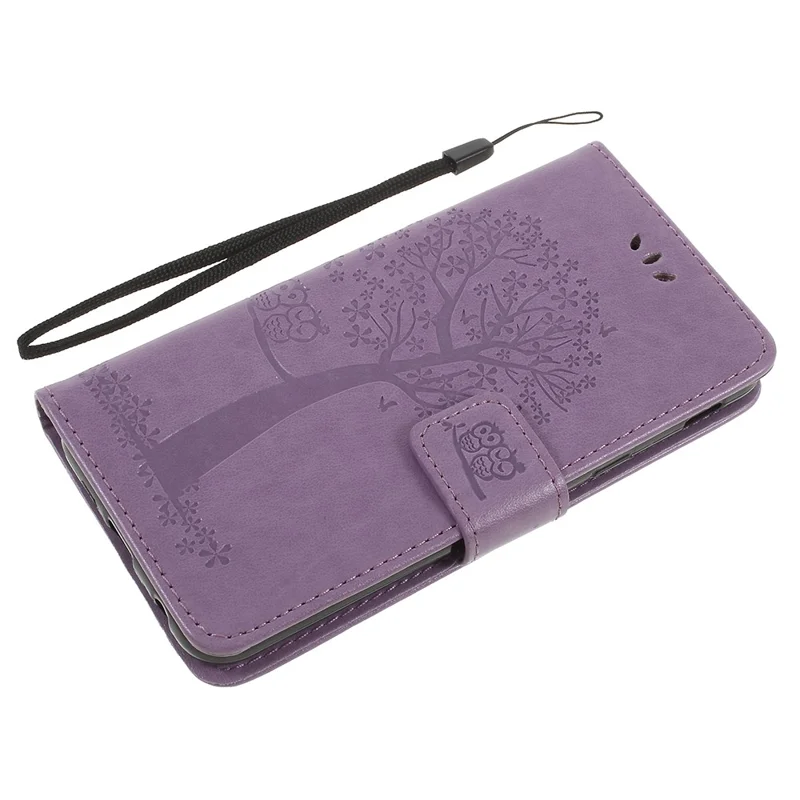 Imprint Tree Owl Wallet PU Leather Case Protector til Samsung Galaxy J6 (2018) - Lyserød