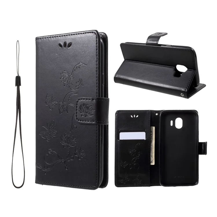 Imprint Butterfly Flower Leather Wallet Phone Cover for Samsung Galaxy J4 (2018) - Black
