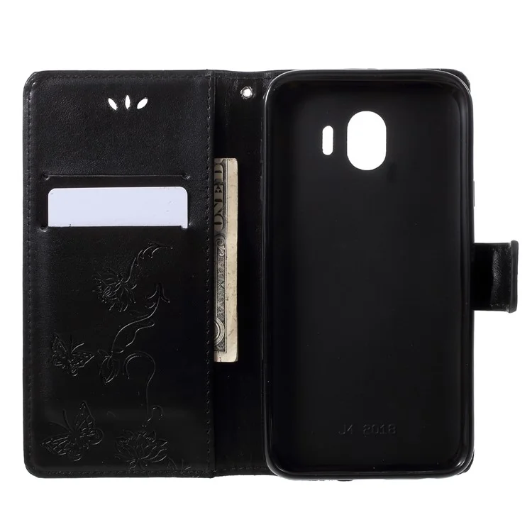Imprint Butterfly Flower Leather Wallet Phone Cover for Samsung Galaxy J4 (2018) - Black