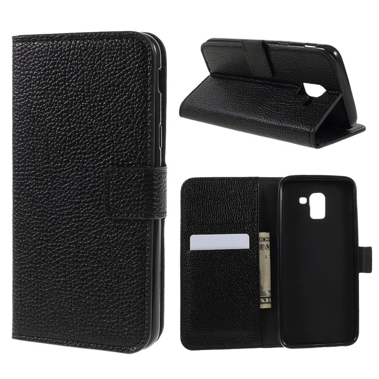 Litchi Grain PU Leather Stand Wallet Phone Case for Samsung Galaxy J6 (2018) - Black