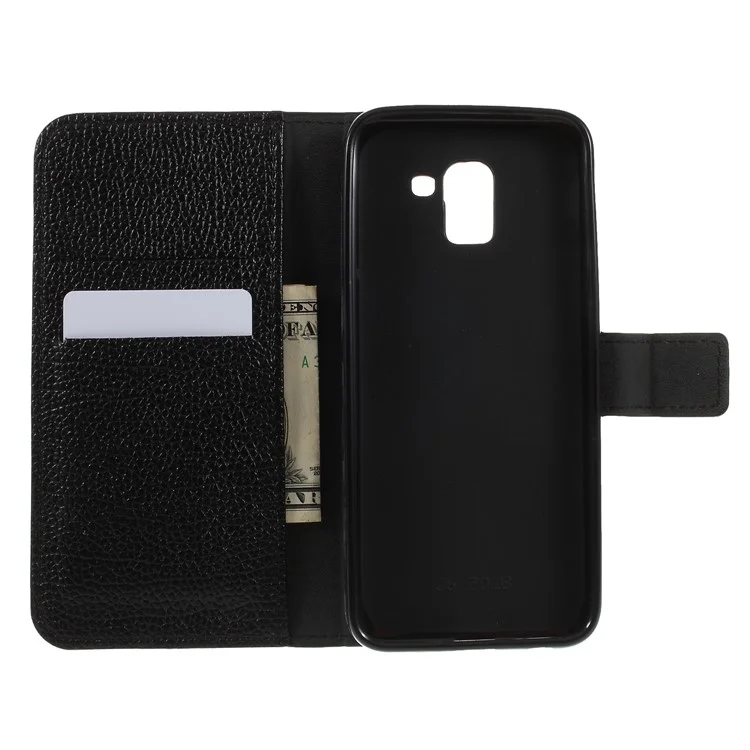 Litchi Grain PU Leather Stand Wallet Phone Case for Samsung Galaxy J6 (2018) - Black