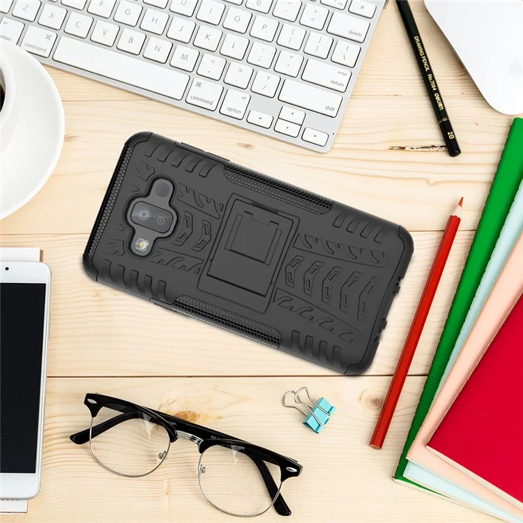 2-in-1 Tyre Pattern PC + TPU Hybrid Case with Kickstand for Samsung Galaxy J7 Duo - Black