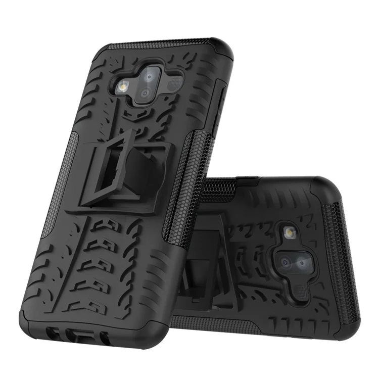 2-in-1 Tyre Pattern PC + TPU Hybrid Case with Kickstand for Samsung Galaxy J7 Duo - Black