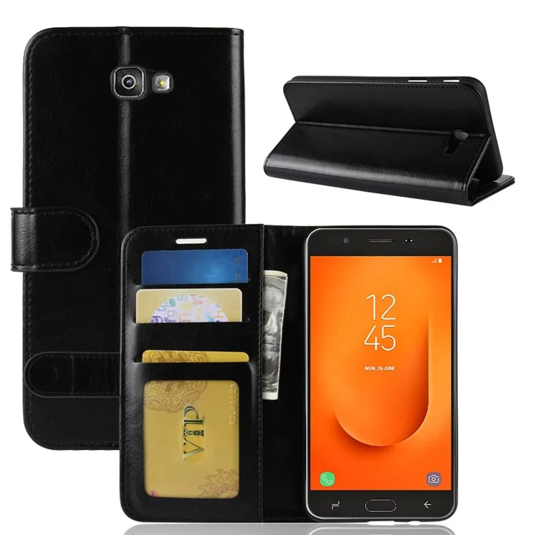 Crazy Horse Magnetic Stand Wallet Leather Mobile Phone Case for Samsung Galaxy J7 Prime 2/J7 Prime (2018) - Black