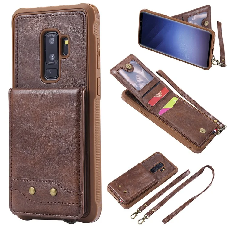 PU leather Coated TPU Card Holder Case with Kickstand for Samsung Galaxy S9 Plus SM-G965 with 2 Straps - Coffee