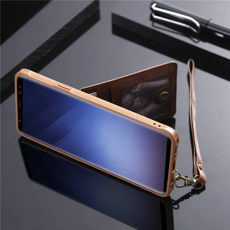 PU leather Coated TPU Card Holder Case with Kickstand for Samsung Galaxy S9 Plus SM-G965 with 2 Straps - Coffee