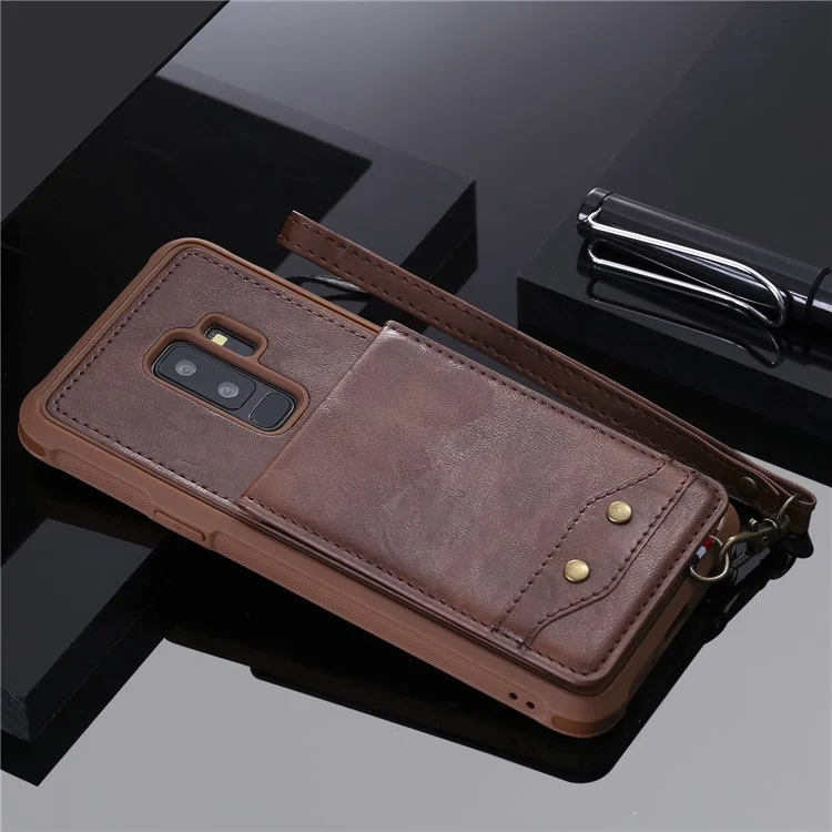 PU leather Coated TPU Card Holder Case with Kickstand for Samsung Galaxy S9 Plus SM-G965 with 2 Straps - Coffee
