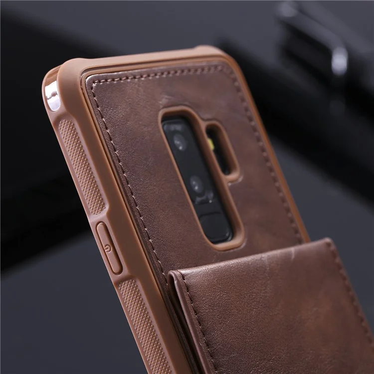 PU leather Coated TPU Card Holder Case with Kickstand for Samsung Galaxy S9 Plus SM-G965 with 2 Straps - Coffee