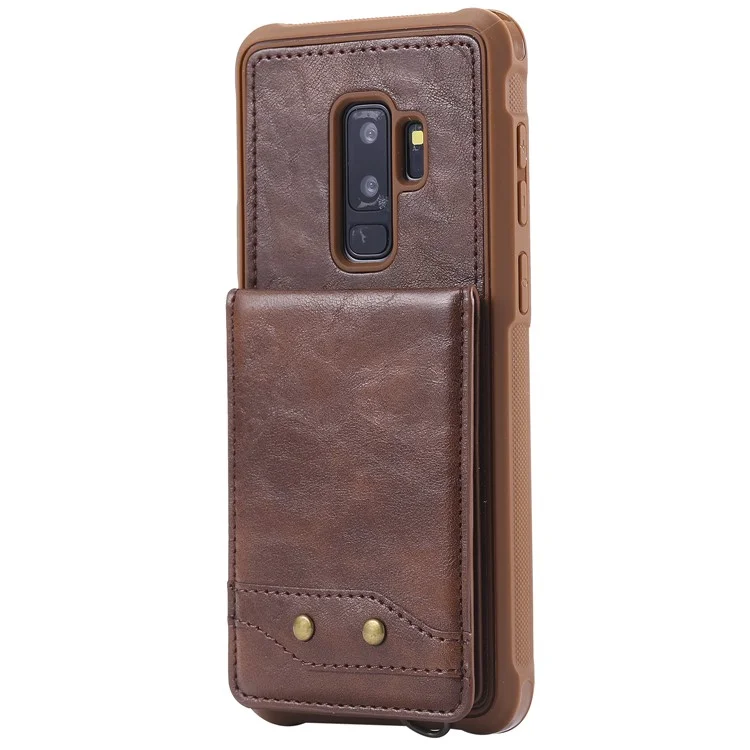 PU leather Coated TPU Card Holder Case with Kickstand for Samsung Galaxy S9 Plus SM-G965 with 2 Straps - Coffee