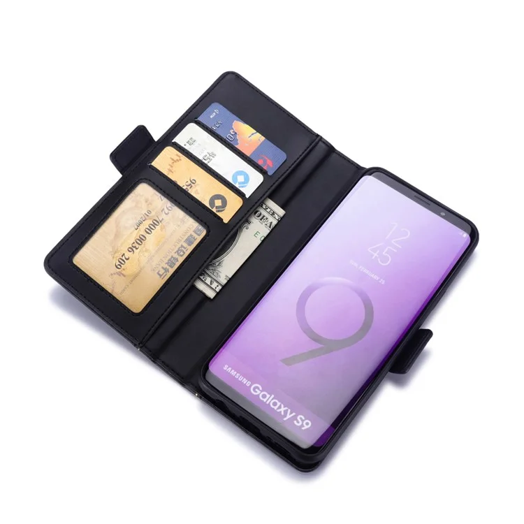 Book Style Removable TPU Back Shell + Leather Wallet Case for Samsung Galaxy S9 SM-G960 - Black