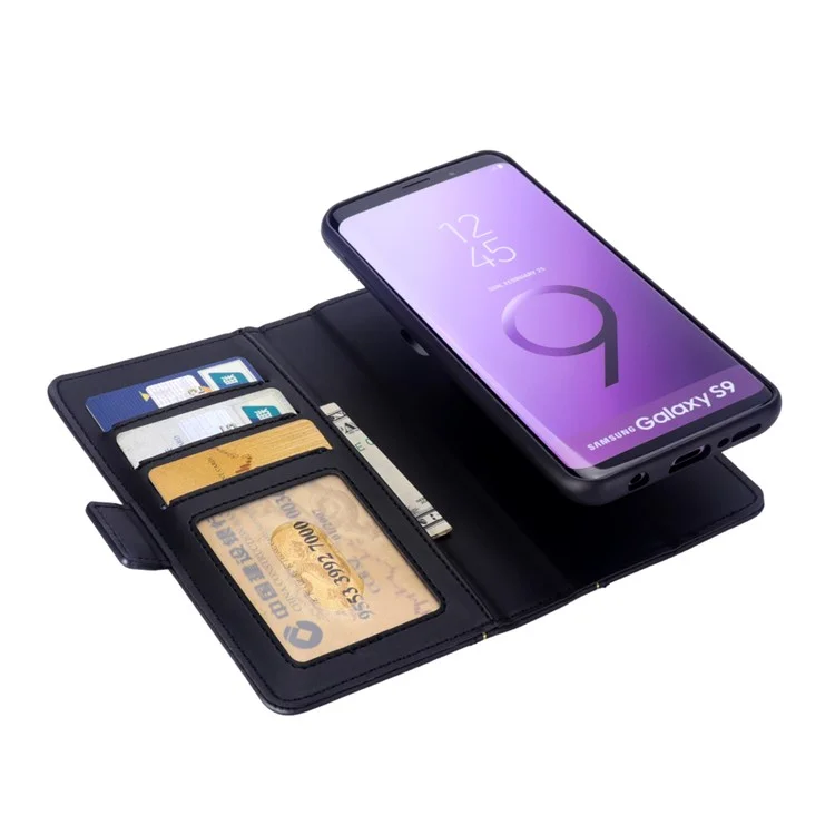 Book Style Removable TPU Back Shell + Leather Wallet Case for Samsung Galaxy S9 SM-G960 - Black