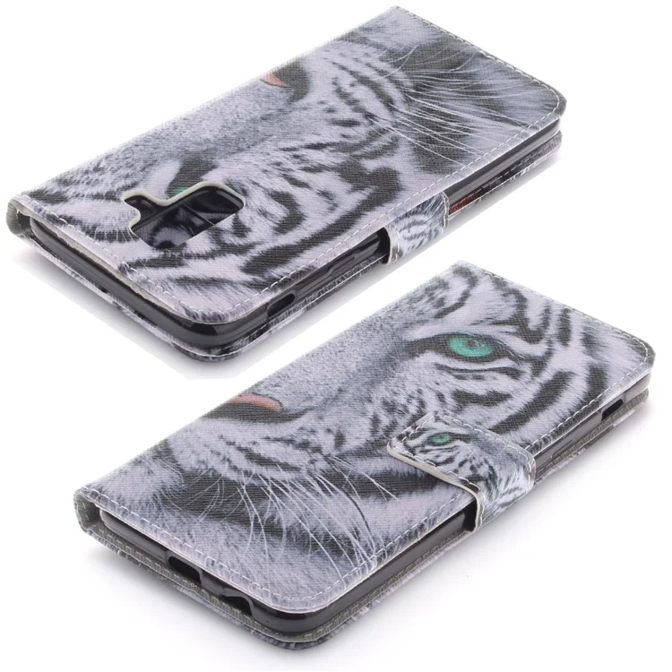 Printing Pattern Leather Wallet Mobile Phone Case for Samsung Galaxy A6+ (2018) / A9 Star Lite - Tiger with Green Eye