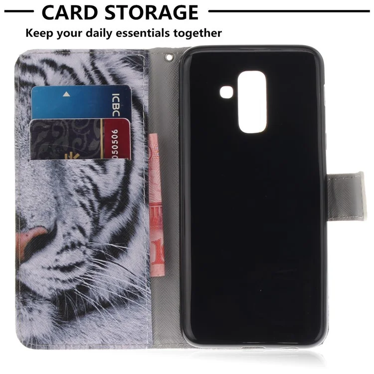 Printing Pattern Leather Wallet Mobile Phone Case for Samsung Galaxy A6+ (2018) / A9 Star Lite - Tiger with Green Eye