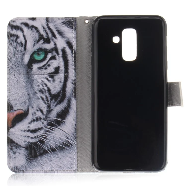 Bedrucktes Muster-Leder-Brieftasche Handyhülle für Samsung Galaxy A6+ (2018) / A9 Star Lite - Tiger mit grünem Auge
