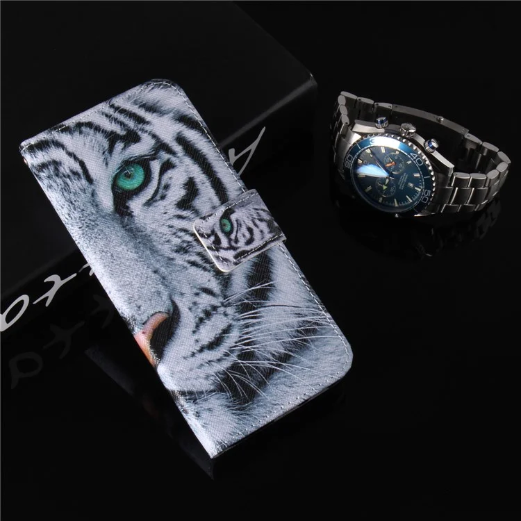 Bedrucktes Muster-Leder-Brieftasche Handyhülle für Samsung Galaxy A6+ (2018) / A9 Star Lite - Tiger mit grünem Auge