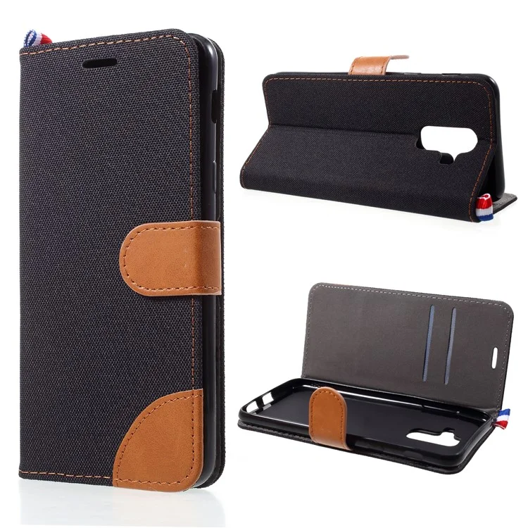 Jeans Cloth Leather Card Holder Case for Samsung Galaxy A6+ (2018) - Black