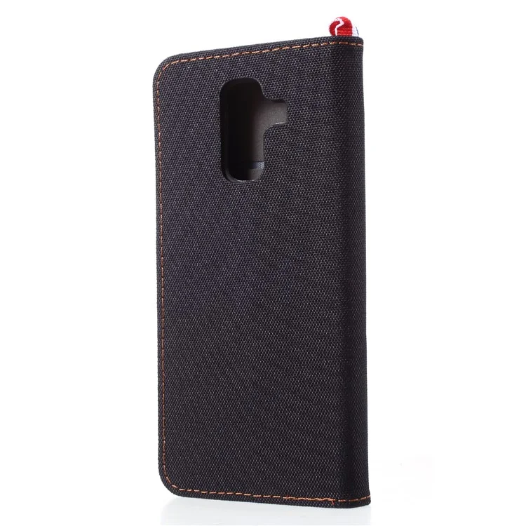 Jeans Cloth Leather Card Holder Case for Samsung Galaxy A6+ (2018) - Black