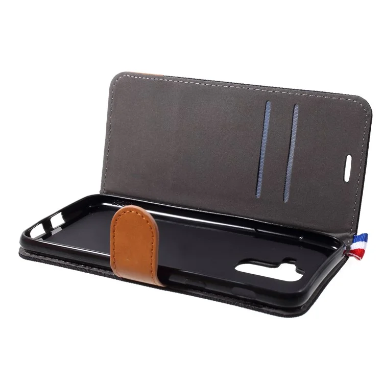 Jeans Cloth Leather Card Holder Case for Samsung Galaxy A6+ (2018) - Black
