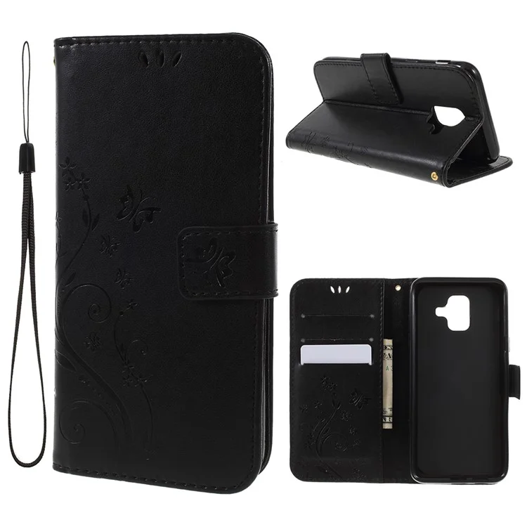 Imprint Butterfly Flower Leather Wallet Magnetic Stand Cover for Samsung Galaxy A6 (2018) - Black