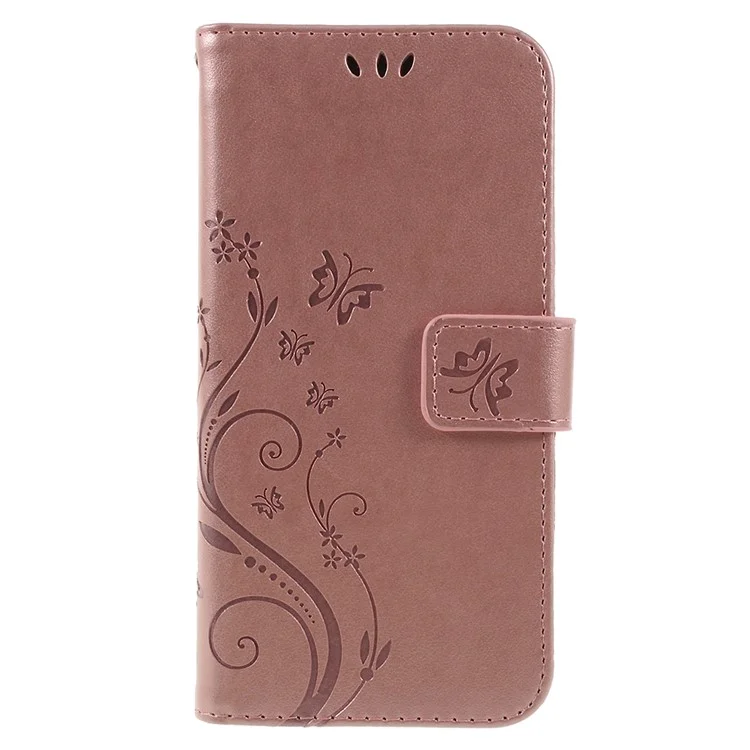Imprint Butterfly Flower Leather Wallet Magnetic Stand Mobile Phone Cover for Samsung Galaxy A6 (2018) - Rose Gold