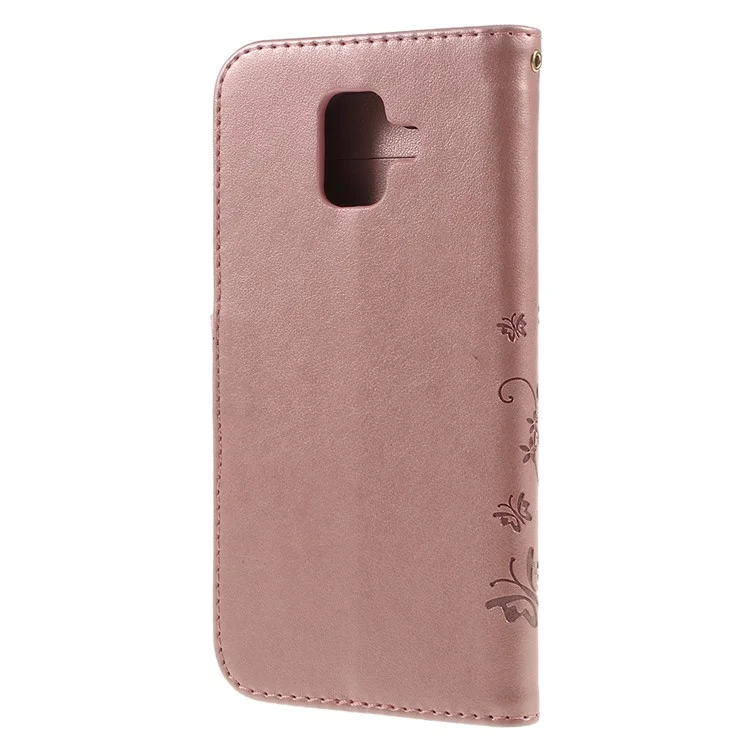 Imprint Butterfly Flower Leather Wallet Magnetic Stand Mobile Phone Cover for Samsung Galaxy A6 (2018) - Rose Gold