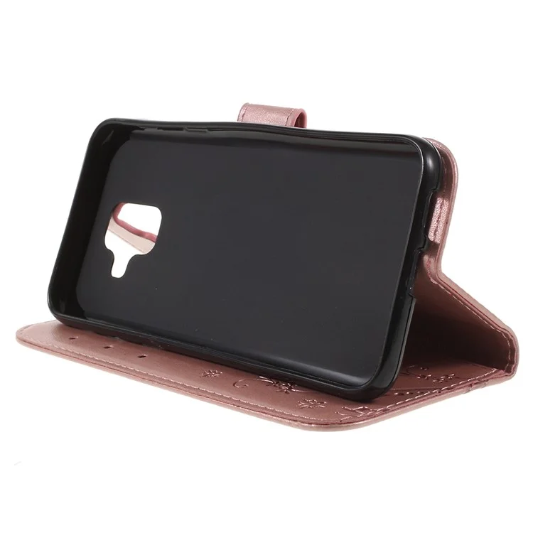 Imprint Butterfly Flower Leather Wallet Magnetic Stand Mobile Phone Cover for Samsung Galaxy A6 (2018) - Rose Gold