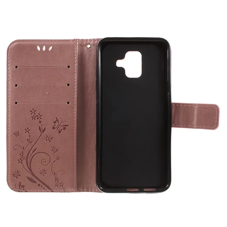 Imprint Butterfly Flower Leather Wallet Magnetic Stand Mobile Phone Cover for Samsung Galaxy A6 (2018) - Rose Gold