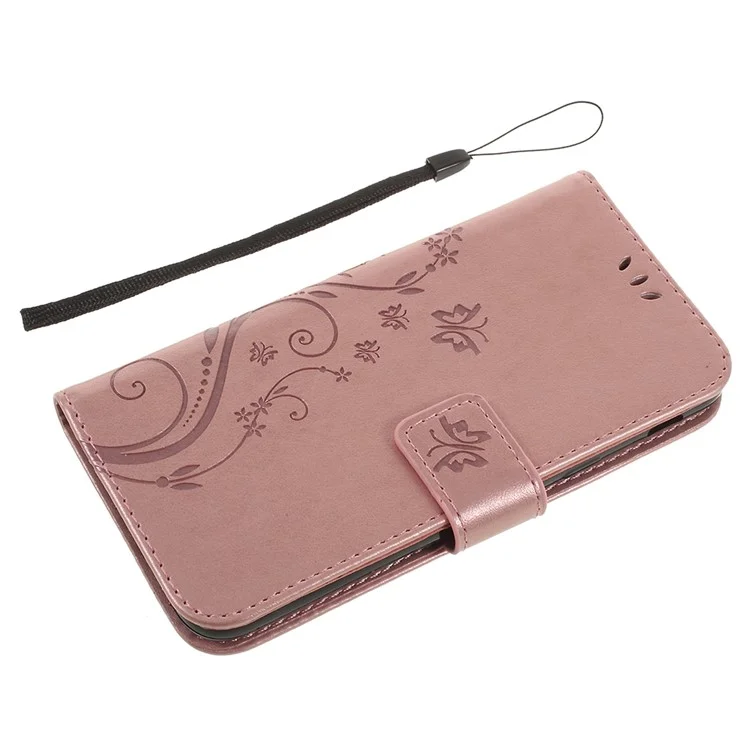 Imprint Butterfly Flower Leather Wallet Magnetic Stand Mobile Phone Cover for Samsung Galaxy A6 (2018) - Rose Gold