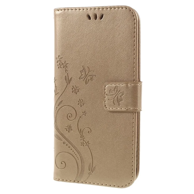 Imprint Butterfly Flower Leather Wallet Magnetic Stand Cover Для Samsung Galaxy A6 (2018) - Золото