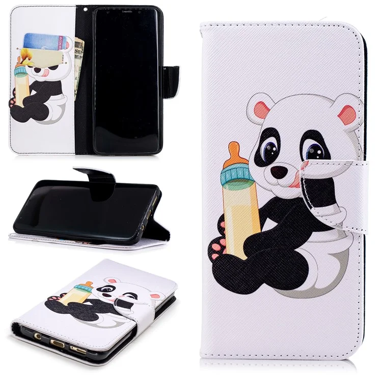 For Samsung Galaxy S9+ G965 Pattern Printing Wallet Stand Leather Flip Case - Panda Holding a Bottle