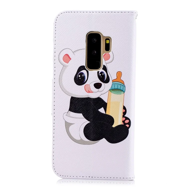 For Samsung Galaxy S9+ G965 Pattern Printing Wallet Stand Leather Flip Case - Panda Holding a Bottle