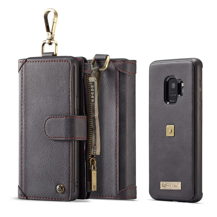 CASEME for Samsung Galaxy S9 SM-G960 Metal Clip Wallet Retro Split Leather Mobile Cover + Detachable Inner Case - Black