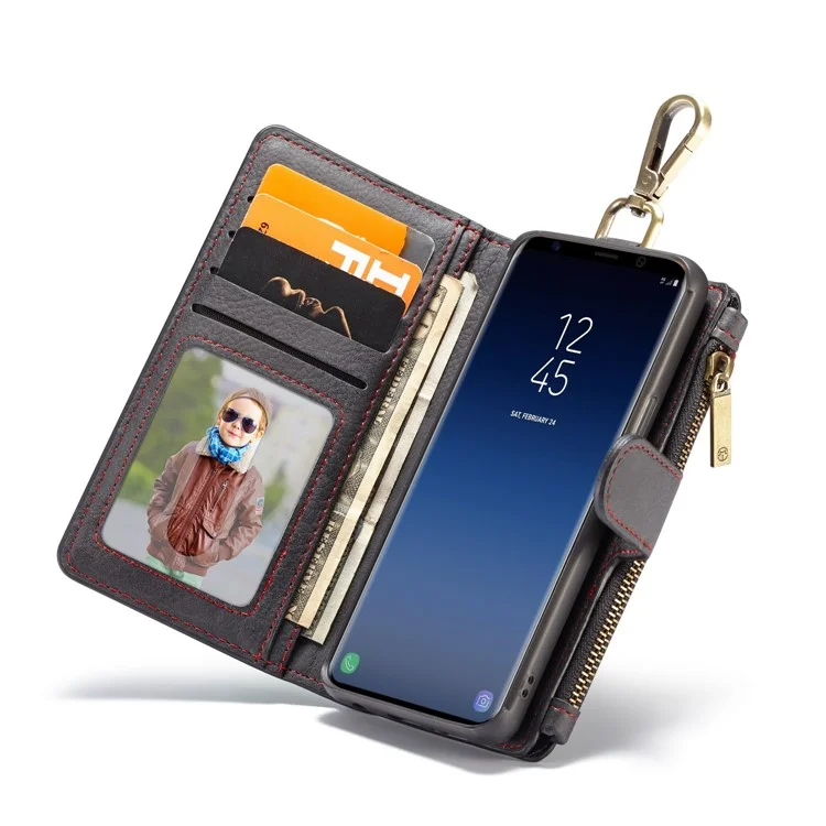 CASEME for Samsung Galaxy S9 SM-G960 Metal Clip Wallet Retro Split Leather Mobile Cover + Detachable Inner Case - Black