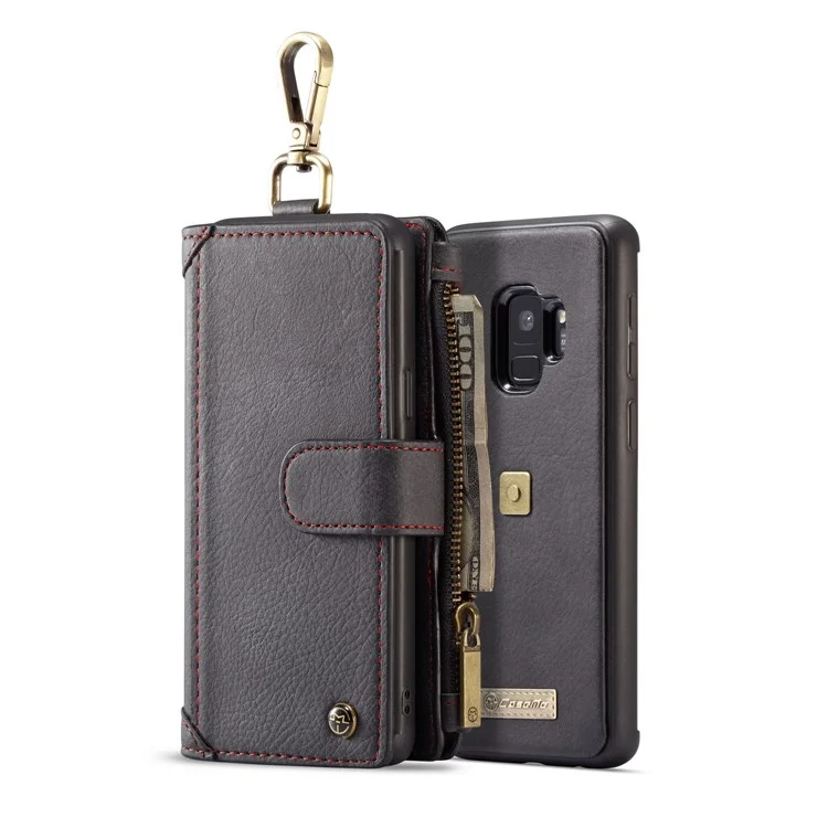 CASEME for Samsung Galaxy S9 SM-G960 Metal Clip Wallet Retro Split Leather Mobile Cover + Detachable Inner Case - Black