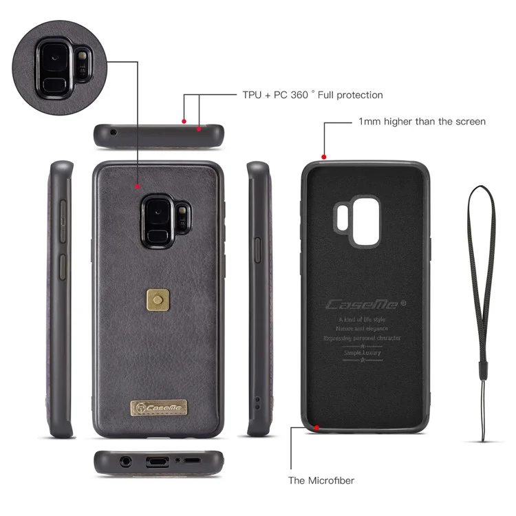 CASEME for Samsung Galaxy S9 SM-G960 Metal Clip Wallet Retro Split Leather Mobile Cover + Detachable Inner Case - Black